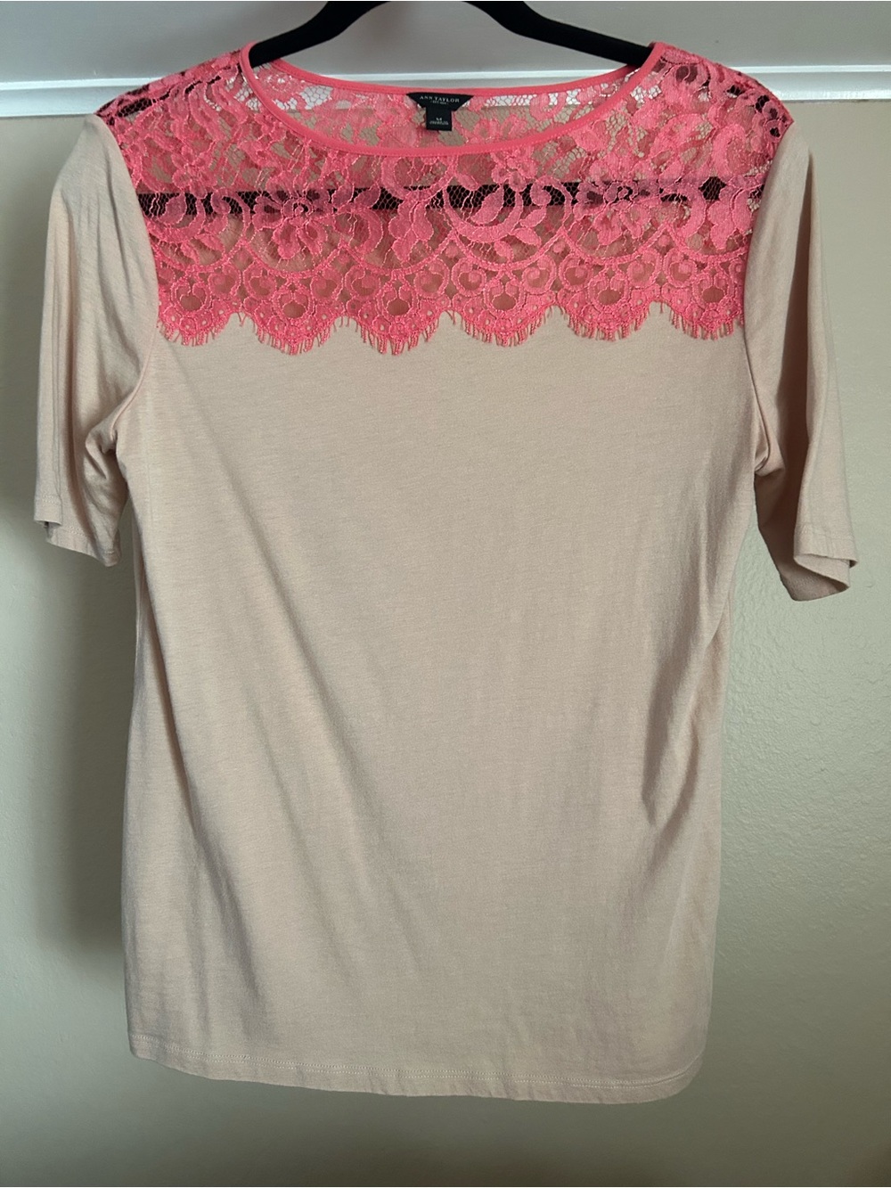 Ann Taylor Blush Tee with Coral Lace Yoke